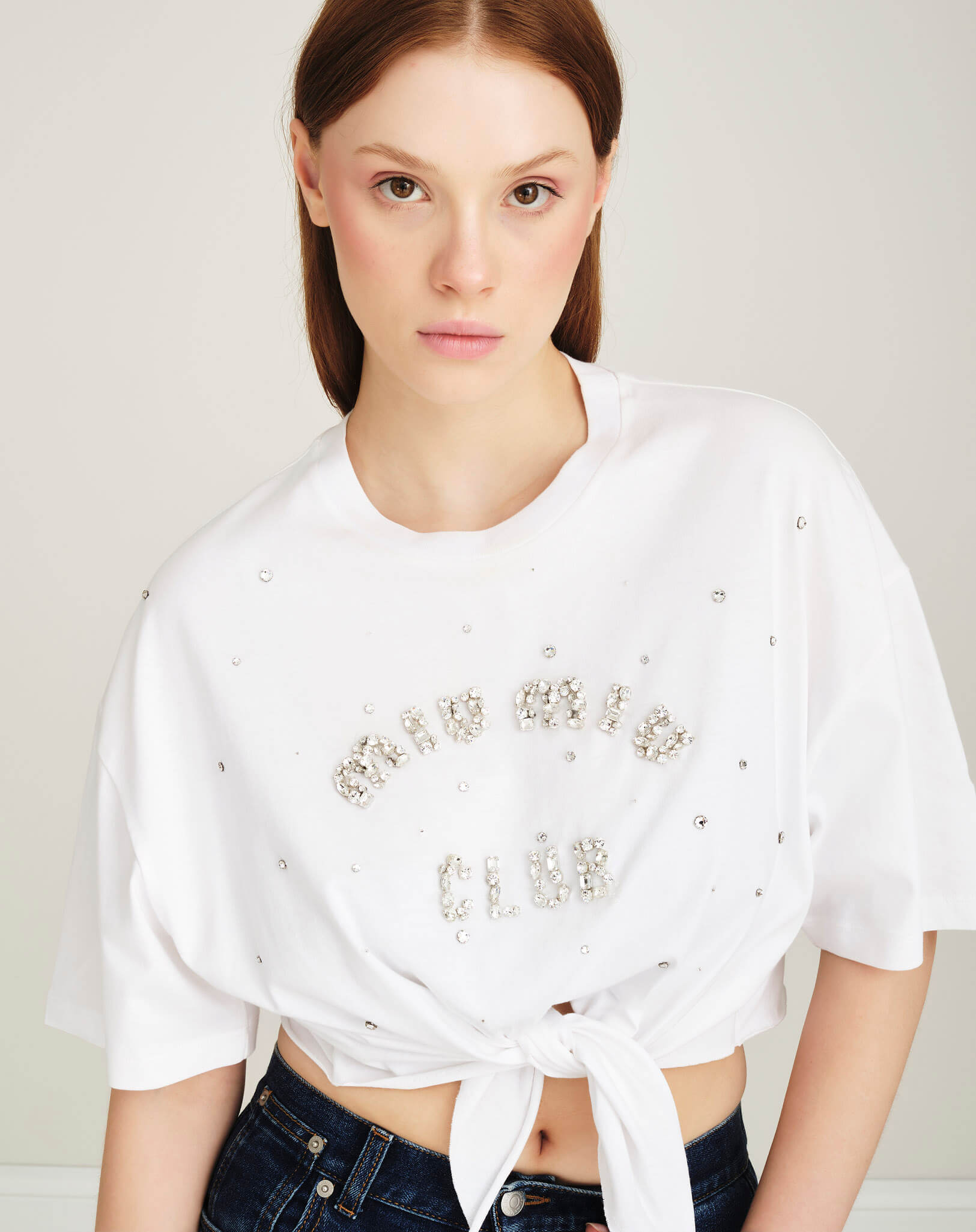 Miu Miu - Crystal Embellished Short Sleeve Knotted Crop Top XS